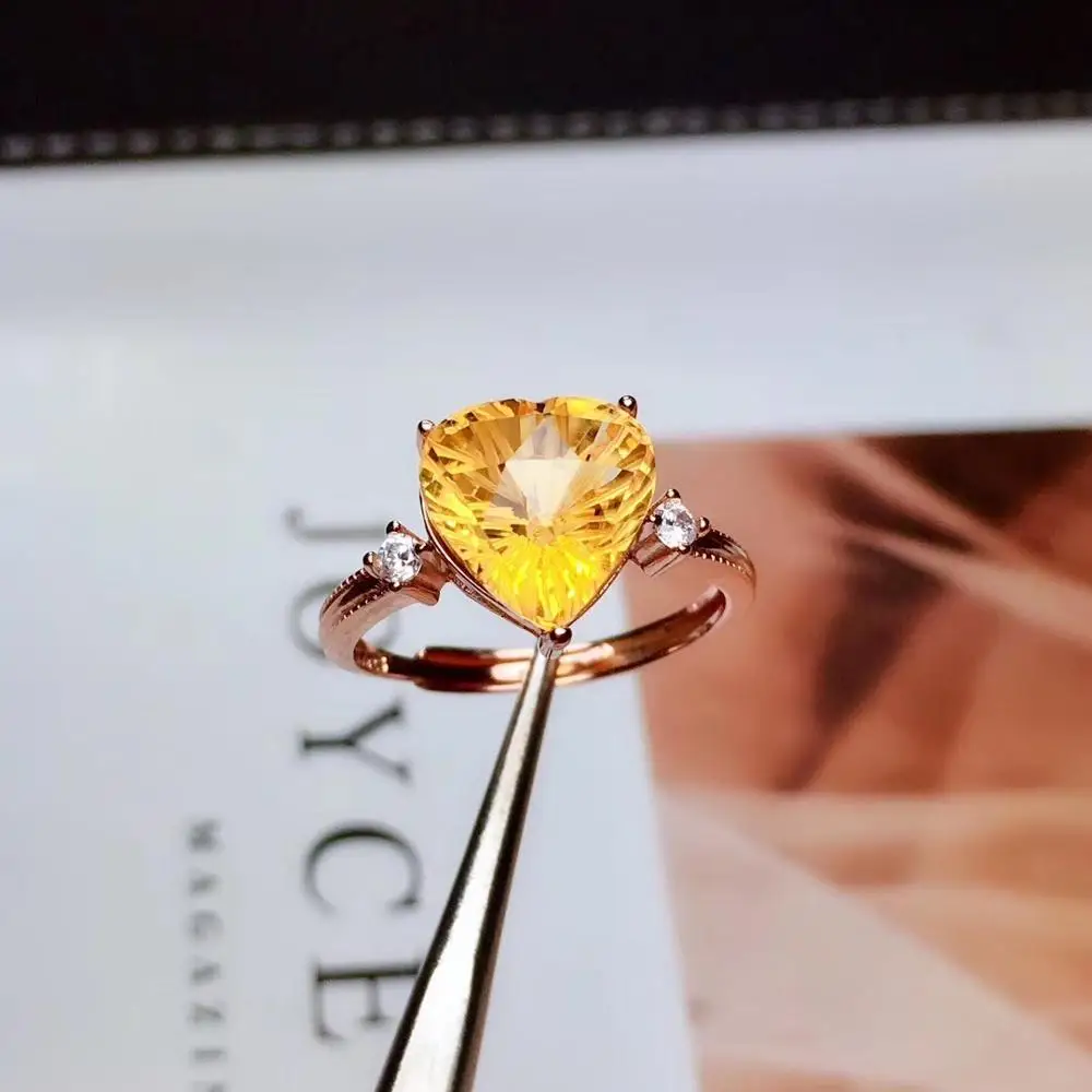 Natural real citrine Ring 925 sterling silver Fine yellow crystal jewelry Handworked jewelry  Gem Size 10*10mm