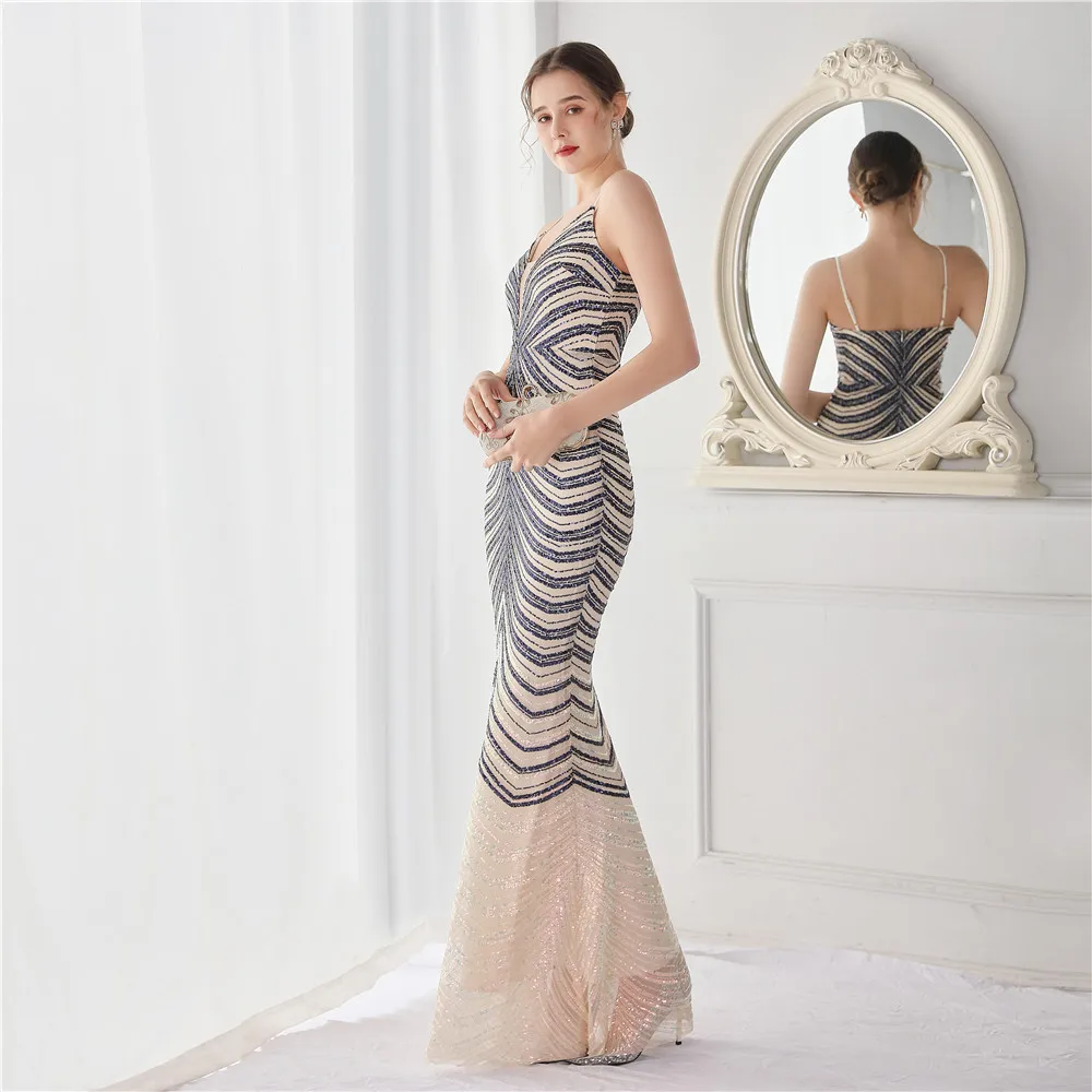 DEERVEADO K19096 Sexy V Neck Mermaid Prom Dresses Long Luxury Sequins Women Evening Party Dress Prom Gown Maxi Dress