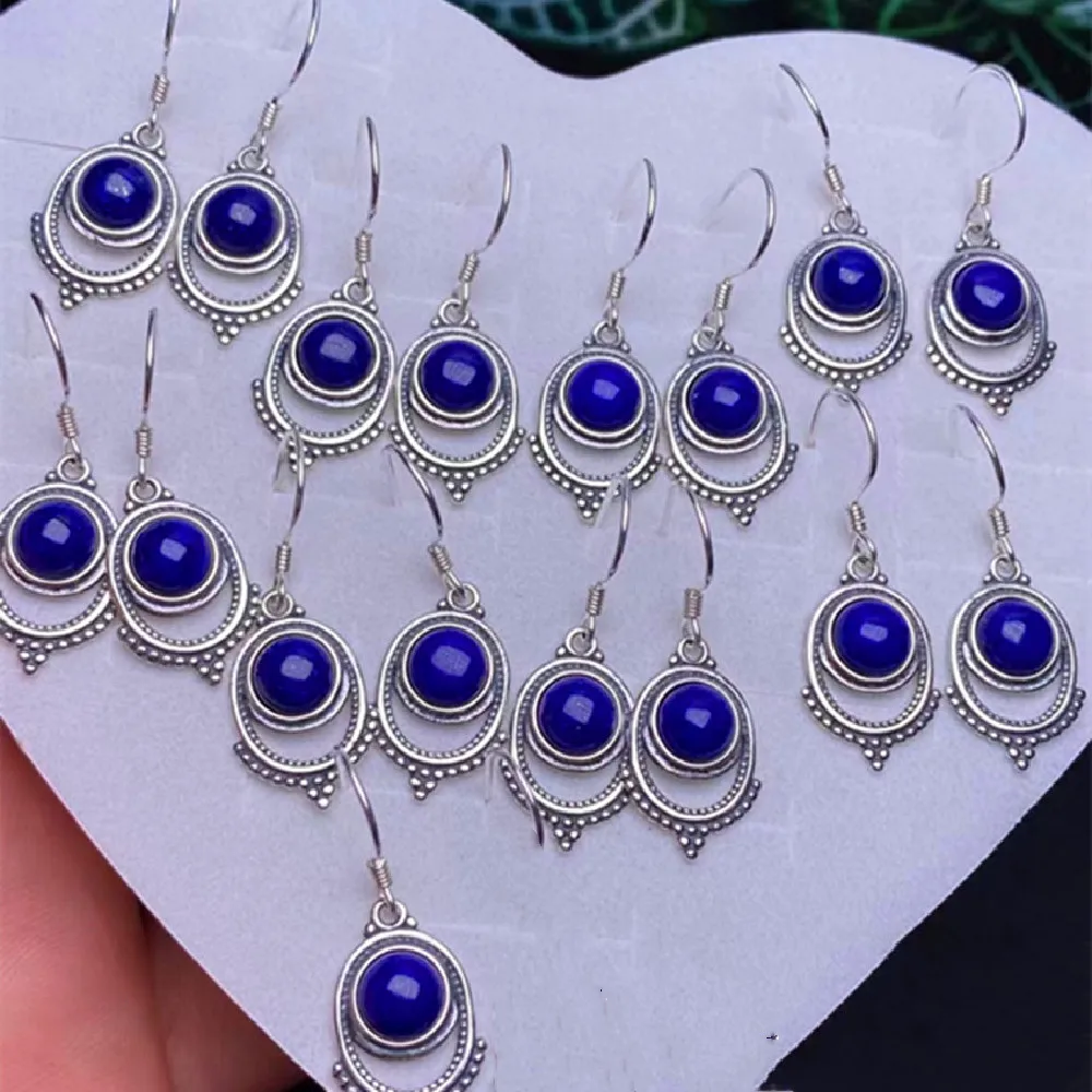 Natural Lapis Lazuli 6mm Inlaid Earrings 925 Silver Vintage Style No White No Gold Oil Run Emperor Green Female Jewelry