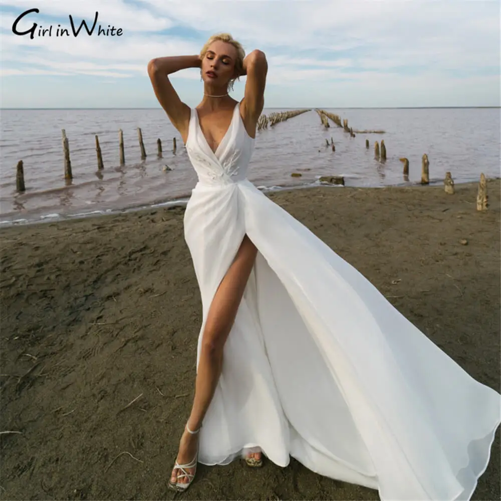 Praia simples uma linha lateral fenda vestido de casamento decote em v mangas tanque vestido de casamento plissado apliques vestido de noiva vestidos de novia