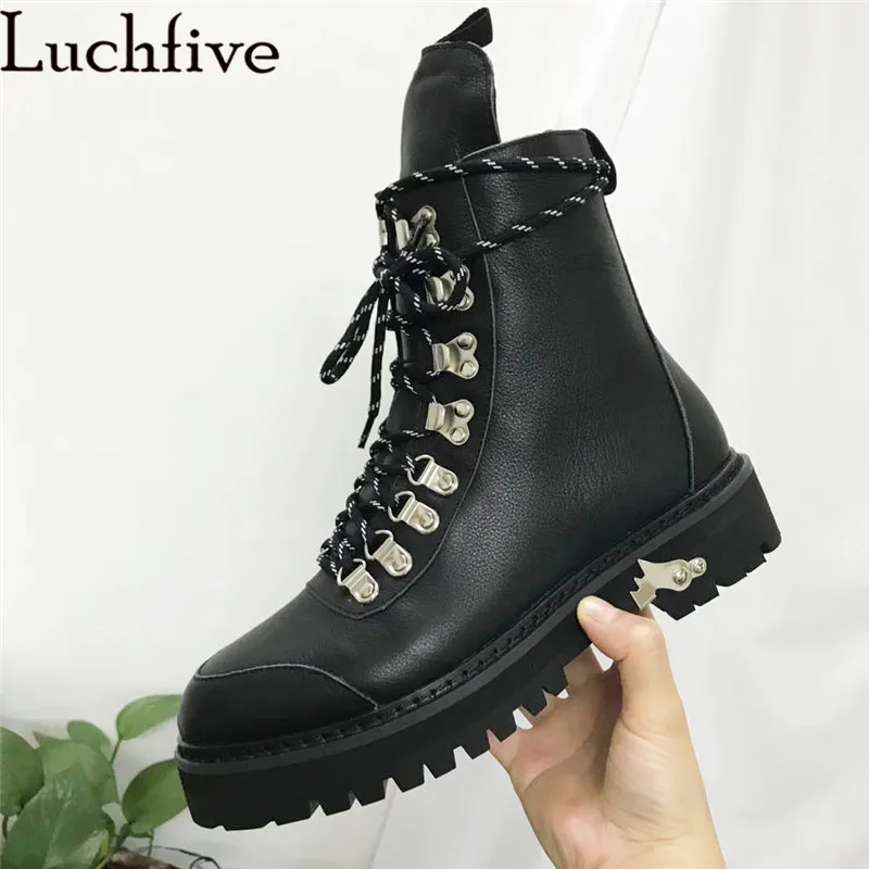 Winter Motorcycle Boots Woman Black Beige Genuine Leather Thick Bottom Wool Ankle Boots Fashion Designer Lace up Martin Boots