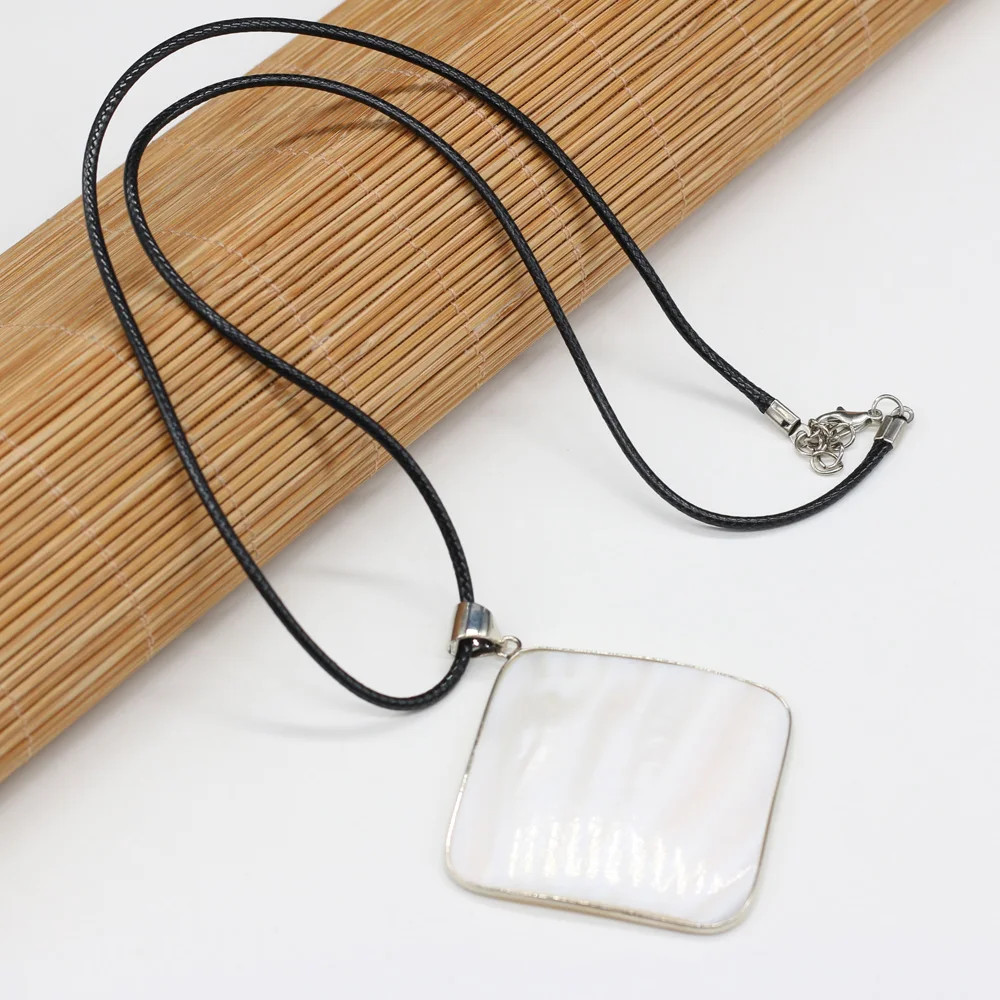 Natural Shell Necklace With Rhombus-Shaped White Pendant Leather Cord 2MM Charms For Elegant Women Love Romantic Gift