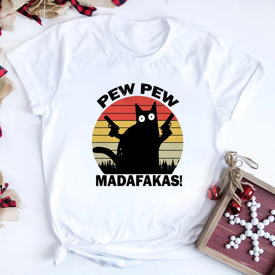 Pew Pew Madafakas Cat Shooting Shirt Crazy Vintage Cat Lovers T-Shirt Funny Pew Pew Sunset Graphic Tee Hipster Tops