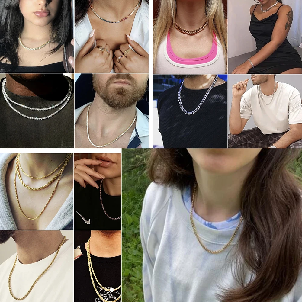 2024NEW Men Neck Chains Cuban Link Chain Women Tennis Chain Miami Curb Necklace Gold Color Rope Chokers Long HipHop Jewelry Gift