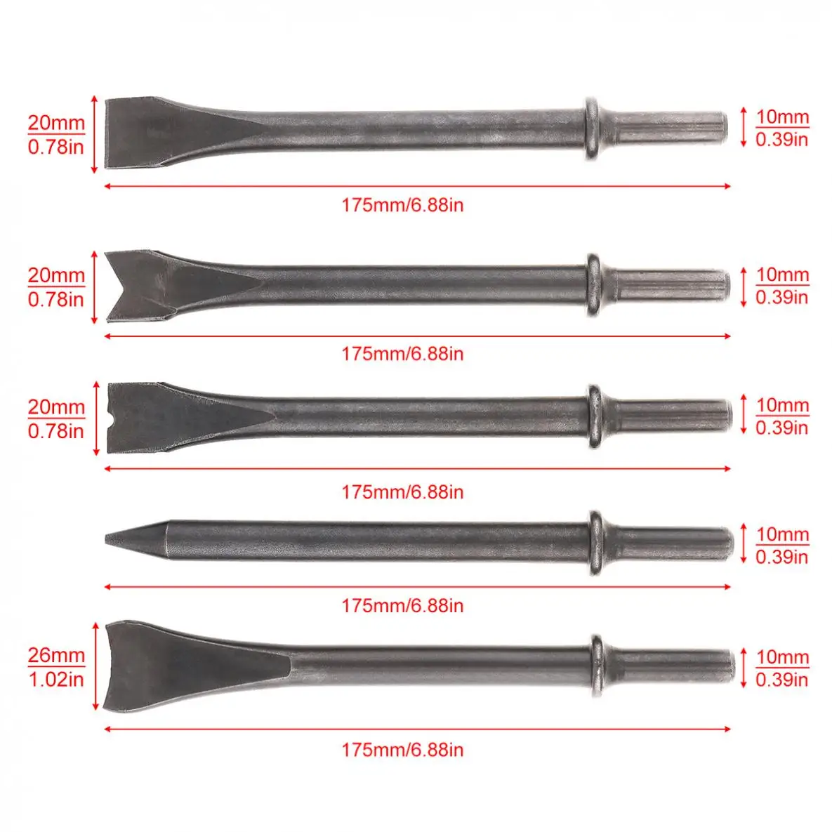 5pcs/set Hard 45# Steel Solid Long Air Chisel Impact Head Support Pneumatic Tool for Cutting / Rusting Removal Accessories