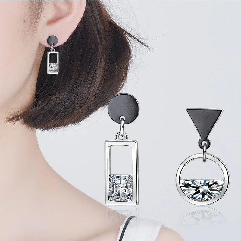 Fashion 925 SIlver Needle Earrings For Women Asymmetric Water Zircon Gun Black Color Circle Square Tassel Earring Pendientes