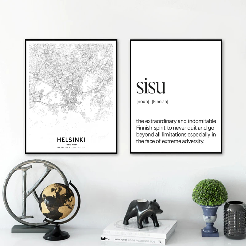 فنلندا خريطة المدينة المشارك هلسنكي الفن يطبع أسود أبيض صورة سيسو تعريف قماش اللوحة فنلندا غرفة المعيشة جدار ديكور #2