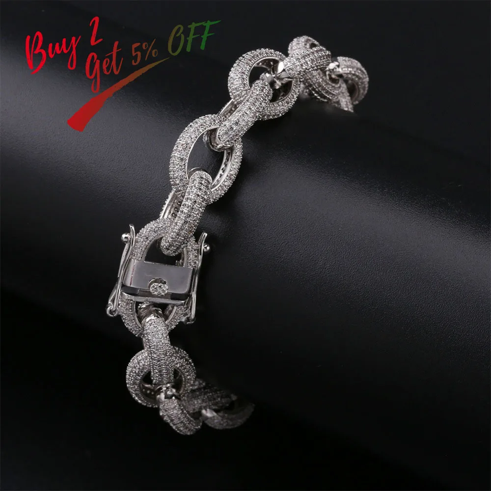 TOPGRILLZ 12mm Mens Charm Link Iced Out Cubic Zirconia Hip Hop Gold Silver Color Bracelets