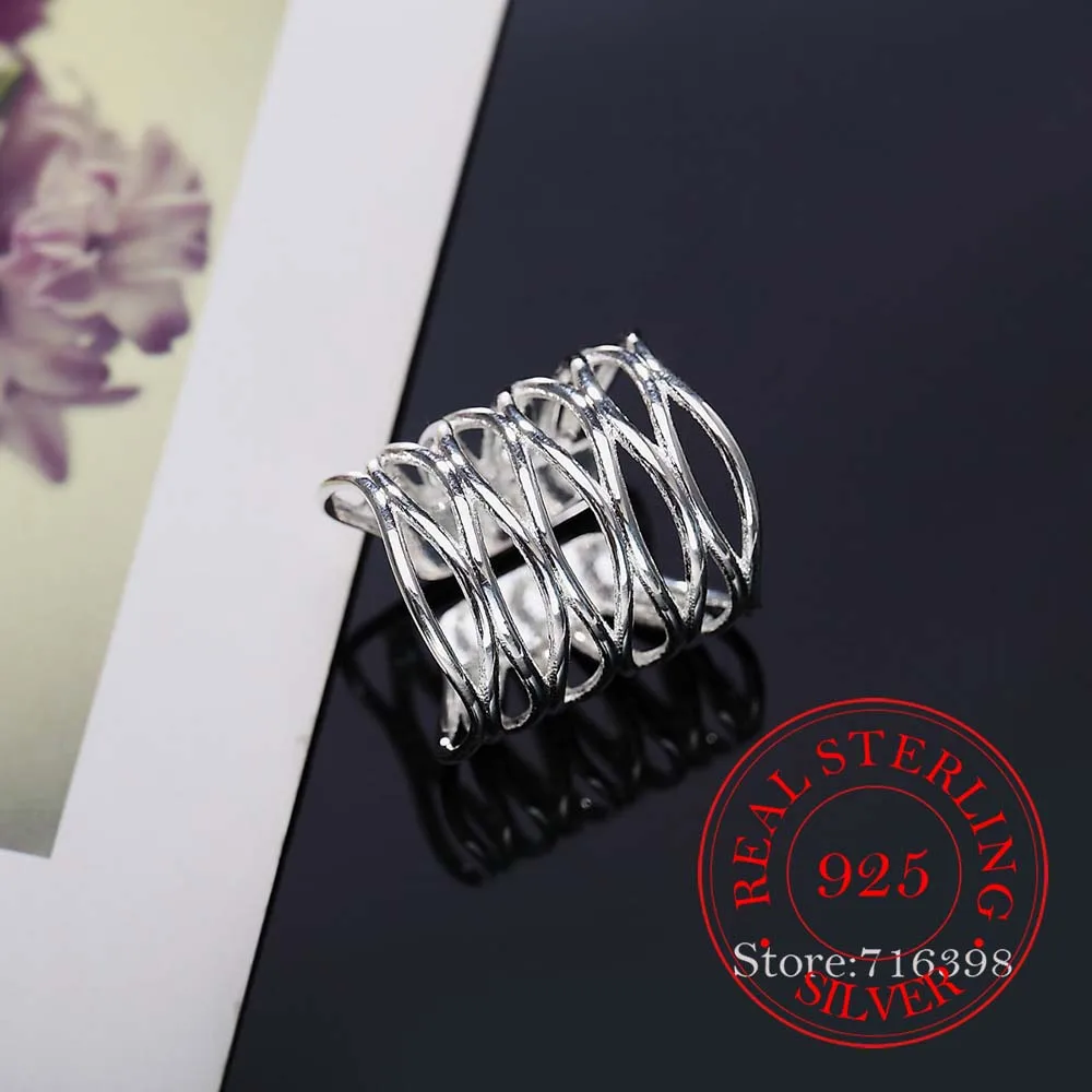 Retro Antigo Tecer Aberto Anel de Dedo para Mulheres, Real 925 Sterling Silver, Anéis Polegares para senhoras, Jóias Boêmias, Moda, Novo, 2020