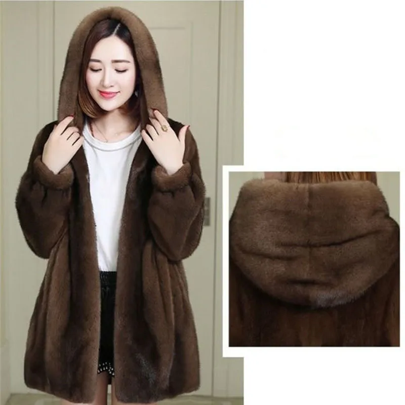 2024 Herbst Winter Nachahmung Nerz Samt Mantel Frauen dicke warme Outwear Kapuze mittellangen Kunst pelz Mantel weibliche Parka d369