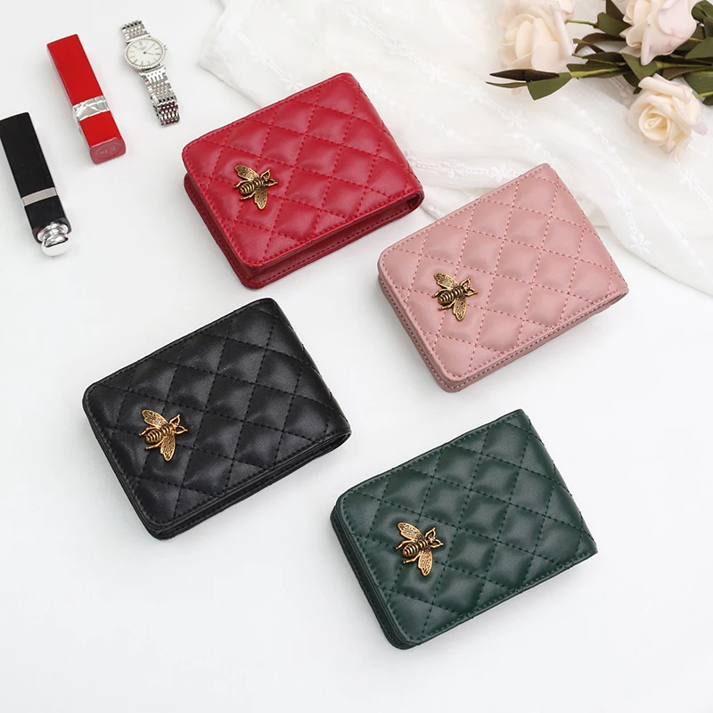 Estuche de lápices labiales Mini Walet de cuero genuino para mujer, estuche de lápices labiales con espejo de maquillaje a cuadros, organizador de
