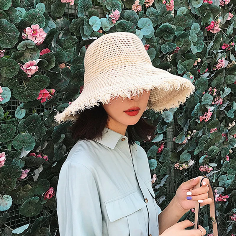 2021 NEW Hat woman summer straw hat woman folding outdoor sunshade hat furry edge hollowed beach hats women fashion elegante cap