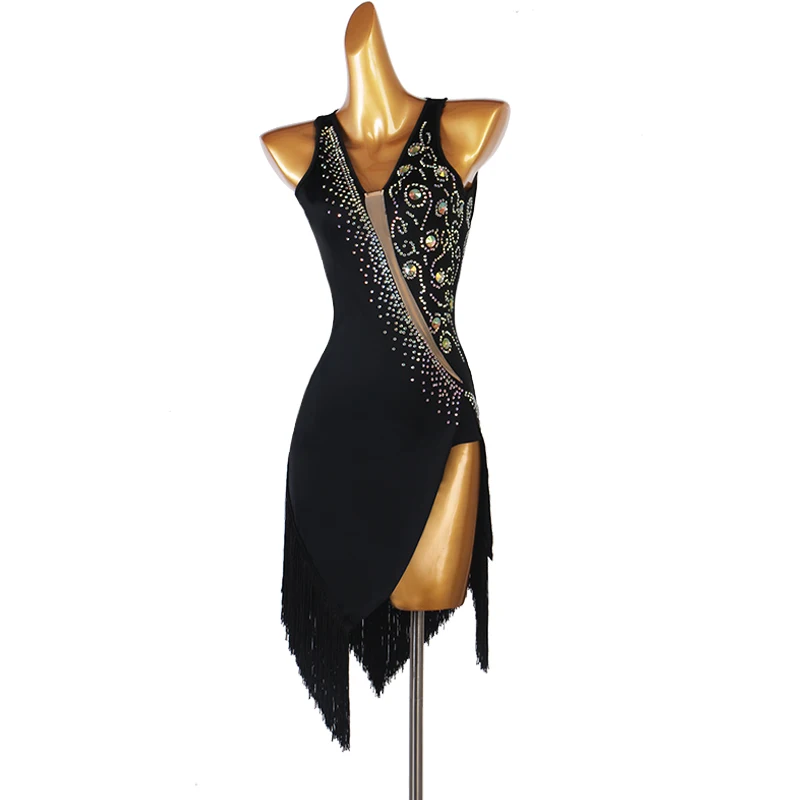 Sexy Latin Dance Dress Tassel Crystals / Rhinestones Women  Training Performance Sleeveless