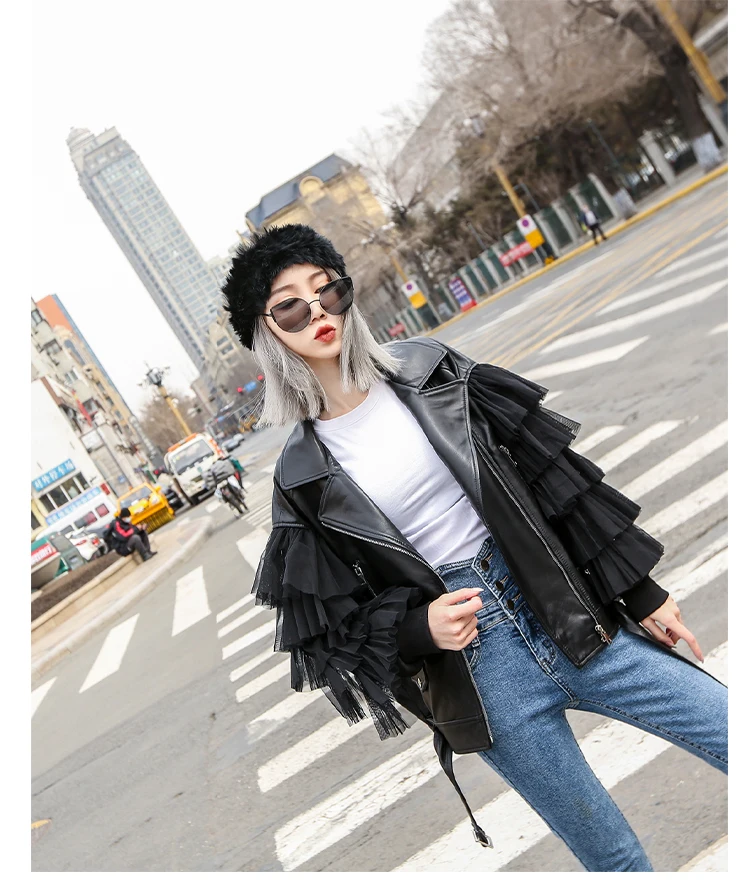 Lautaro Autumn Short Black Oversized Lace Patchwork Leather Biker Jacket Long Sleeve Loose Womans Clothing Fashionable Outerwear