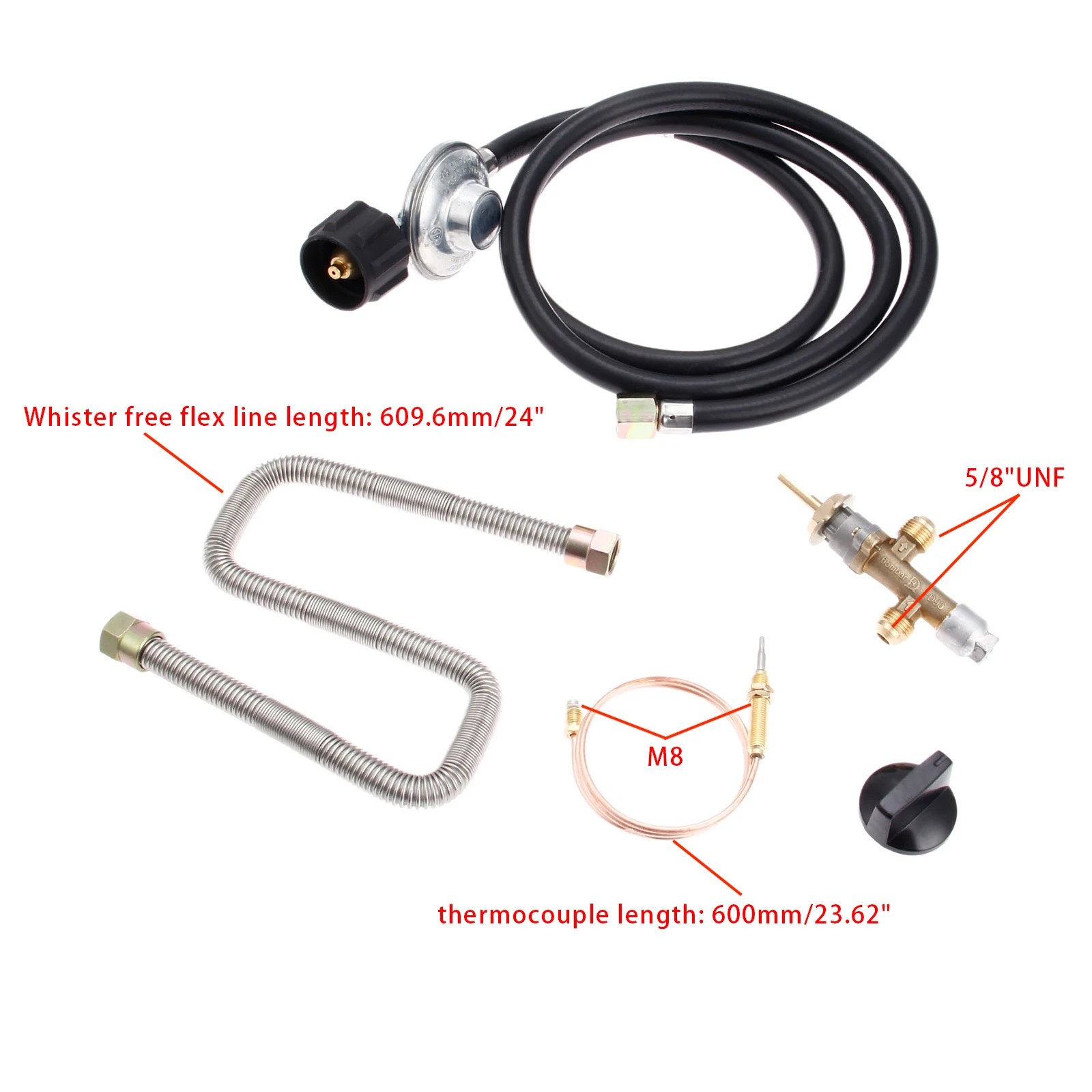 600mm Propane Fire Pit  Gas Control Valve System Regulator Kit With Hose Universal M8 Thermocouple 24inch Whister Free Flex Line