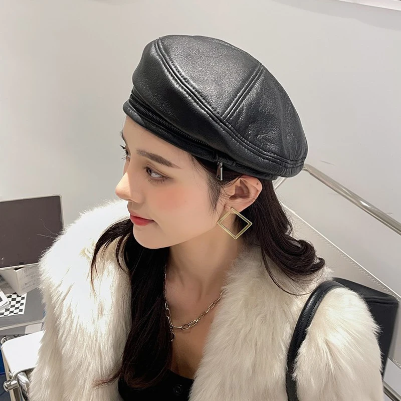 Spring/Winter 100% Real Leather Beret Hat Women Fashion European Pumpkin Painter Caps Female  Zipper Decoration Thin Boina