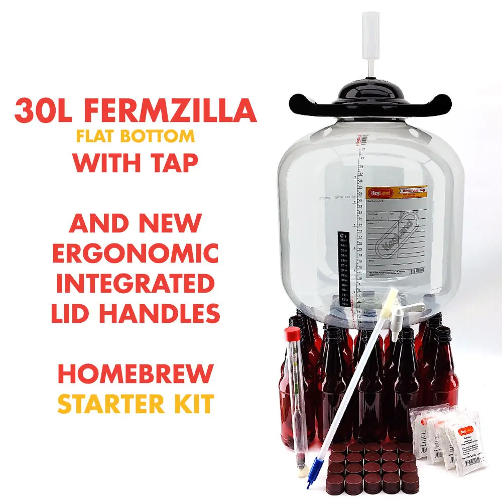 KegLand FermZilla Fondo plano con grifo - 30L Fermentador de vino y cerveza Kit de inicio para principiantes Botellas de 500 ml Cerveza elaboración casera