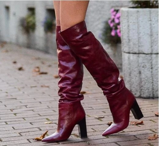 

Paris Trendy Brand Botas Woman Burgundy Leather Pointed Toe Fold Over The Knee High Long Boots Square Heels Shoes Big Size 46 47