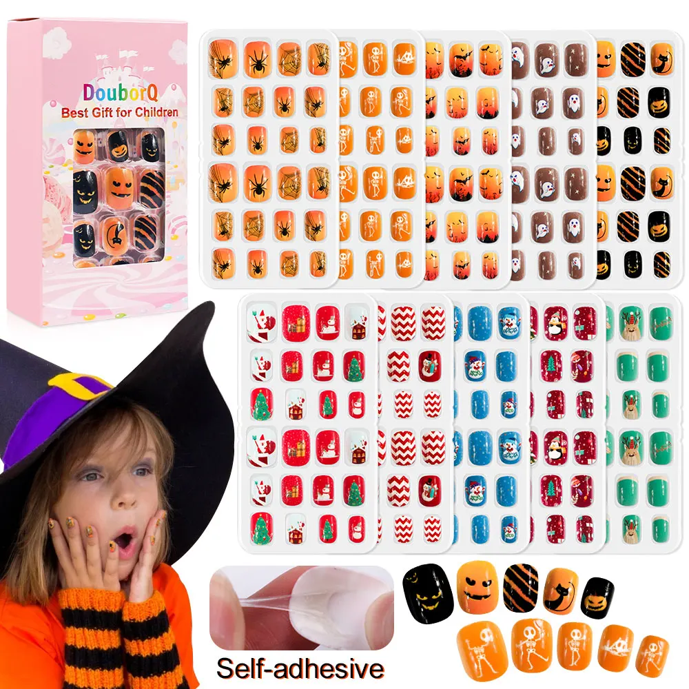 120Pcs/Set Full Cover Kids False Nails Press On Self Adhesive Nail Manicure Tips Hallween Fake Nails For Manicure Tool