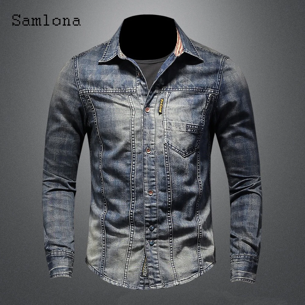 Long Sleeve Men Fashion Tops Streetwear 2022 Summer New Patchwork Denim Shirt Casual Slim Jean Denim Blouse Sexy Mens Clothing