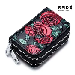 Tarjetero con bloqueo RFID para mujer, tarjetero de cuero dividido con doble cremallera, gran capacidad, en 3D estampado de flores, carteras para mujer