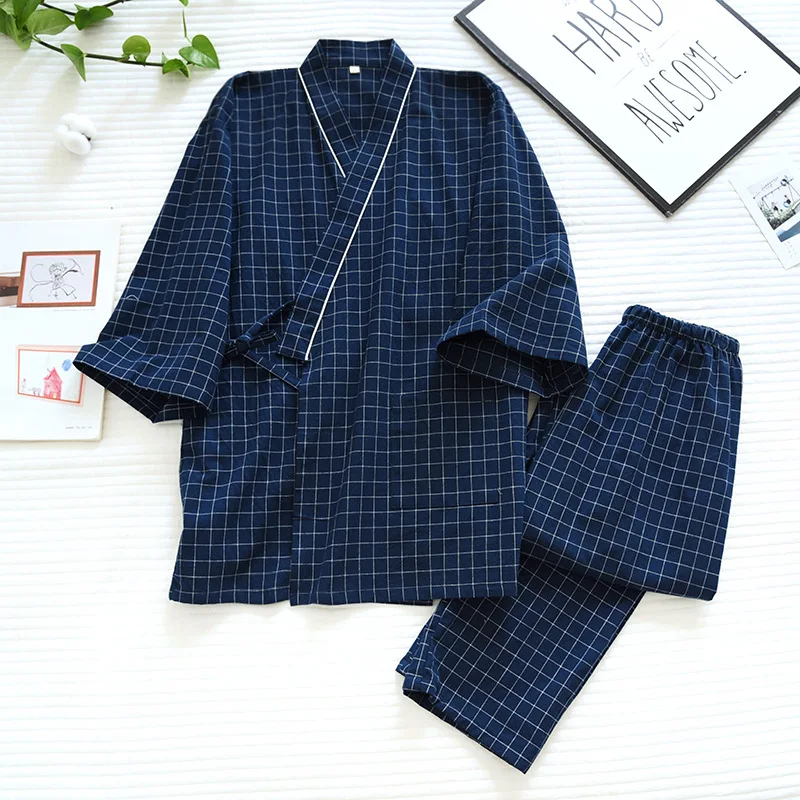 Spring Couple Plaid Kimono Pajamas V-Neck Three Quarter Sleepwear Thin Men and Women Washed Cotton Pijamas 2 Piece Home Clothes