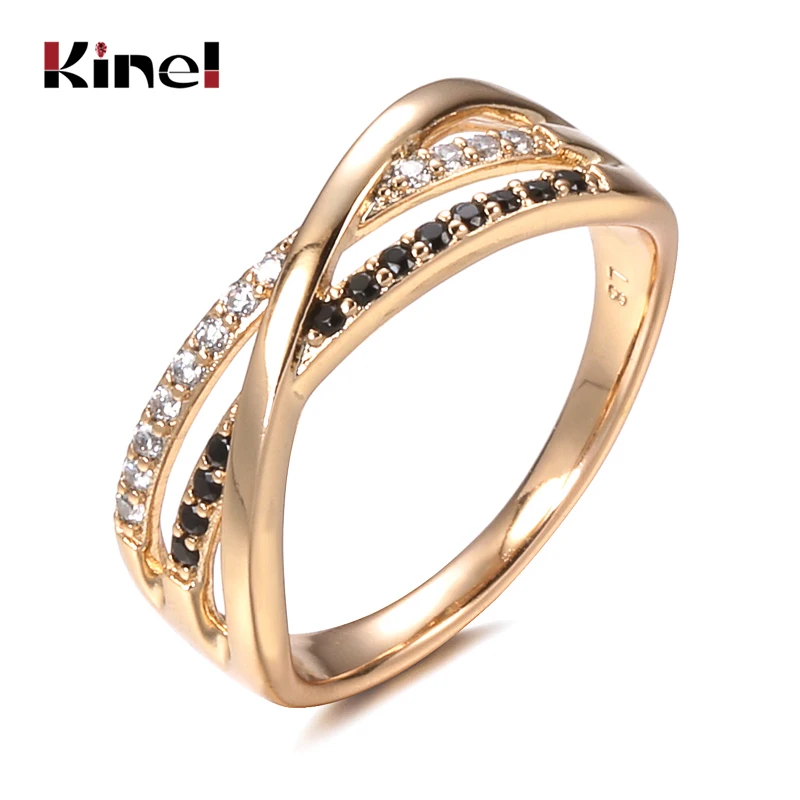 Kinel Natural Black Zircon Cross Ring 585 Rose Gold Geometric Hollow Line Wedding Rings for Women Vintage Fashion Jewelry