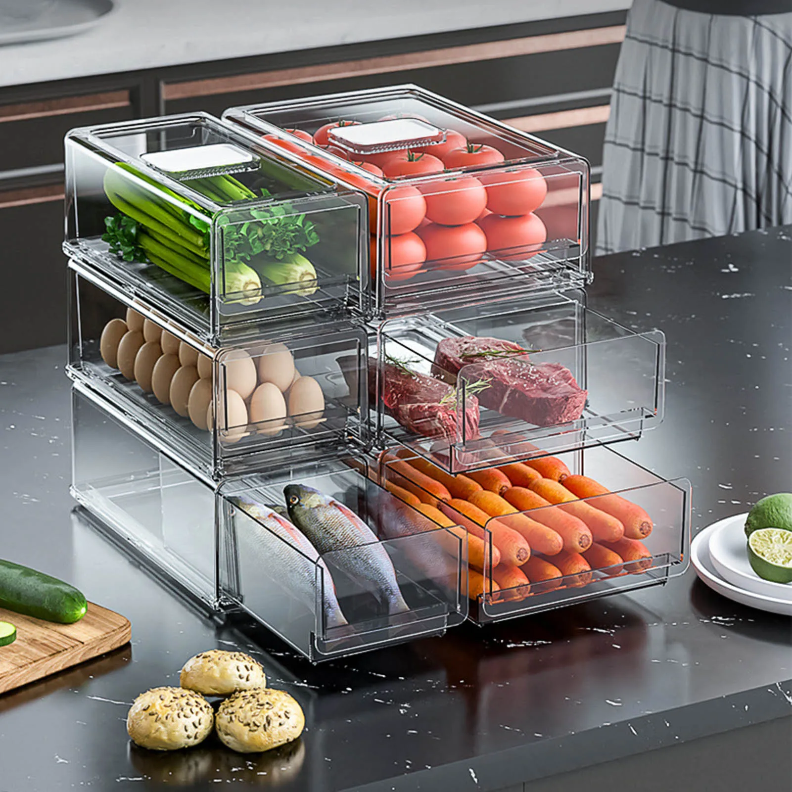 Refrigerator Food Storage Containers Cutout Handle Clear Pantry Stackable Fridge Organizers Bins Airtight Container