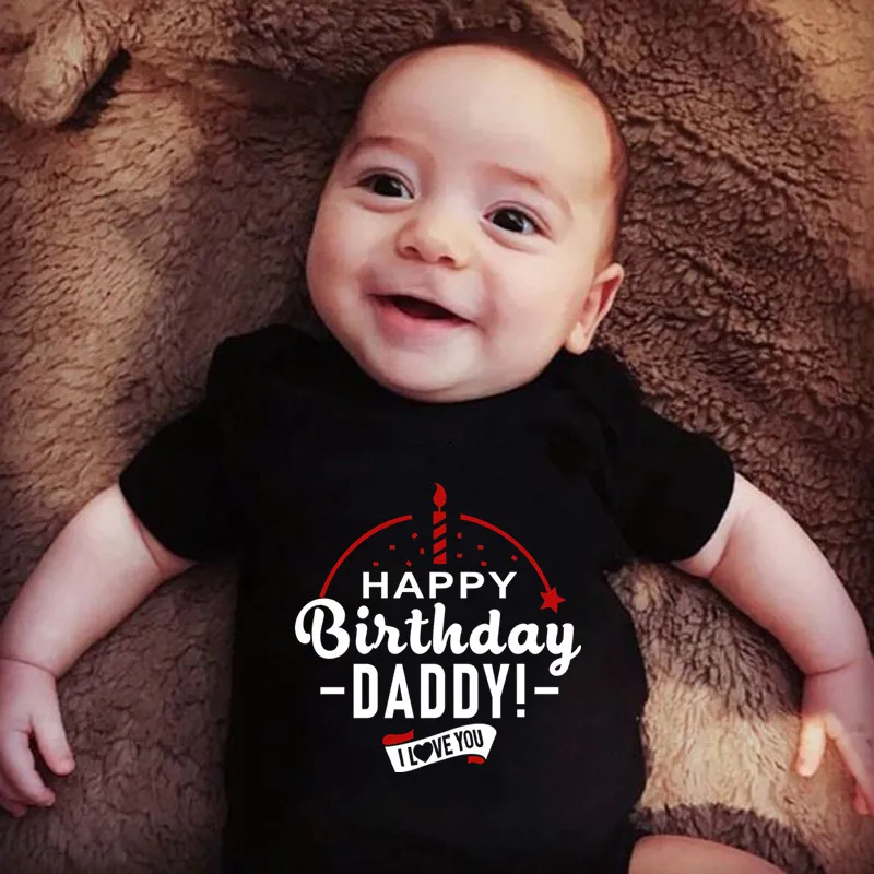 

2021 New Happy Birthday Daddy Mommy Grandma Grandpa Baby Bodysuit Newborn Boys Girls Black Short Sleeve Cotton Jumpsuit