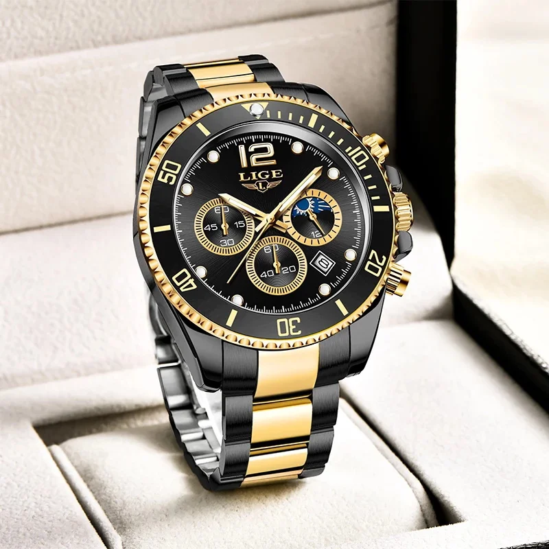 LIGE Watches Mens Top Brand Luxury Clock Casual Stainless Steel 24Hour Moon Phase Men Watch Sport Waterproof Quartz Chronograph