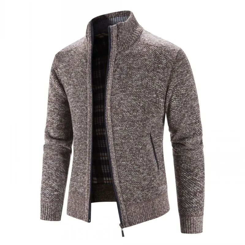 

Autumn Winter Men Solid Color Stand Collar Cardigan Sweater Male Zippered Warm Casual Fleece Knitted Sweater Jacket