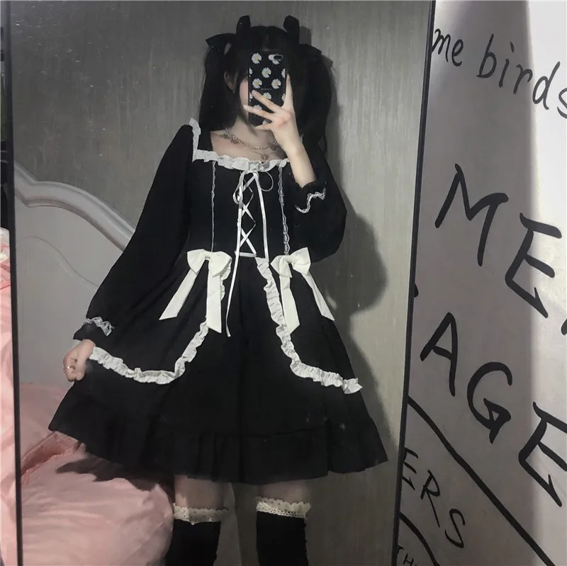 Gothic Lolita schwarzes Kleid Vintage japanische weiche Mädchen niedlichen Bogen Schnür Rüschen lang ärmel ige Prinzessin Frauen Punk Kleider