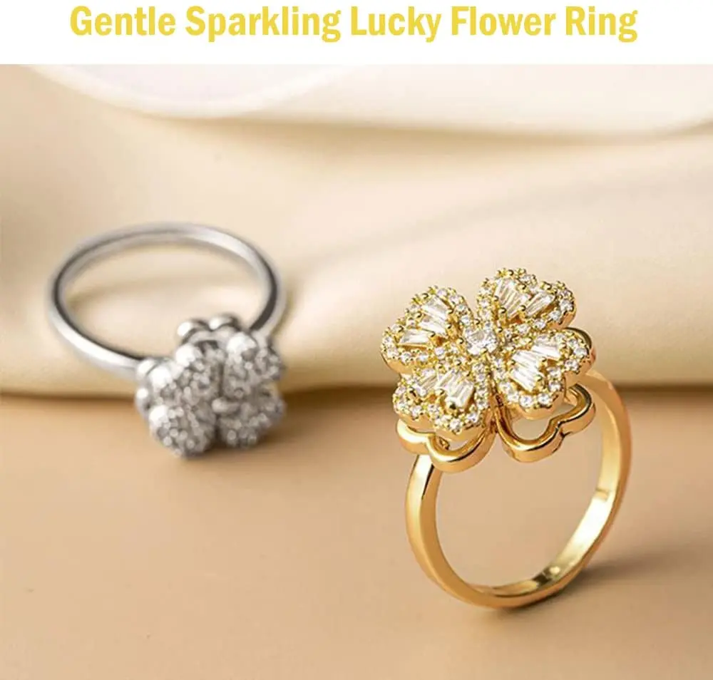 2022 Fashion Luxury Rotatable Four-leaf Clover Windmill Inlaid Full Zircon Ring Female Trend Personality Lucky Clover Jewelry