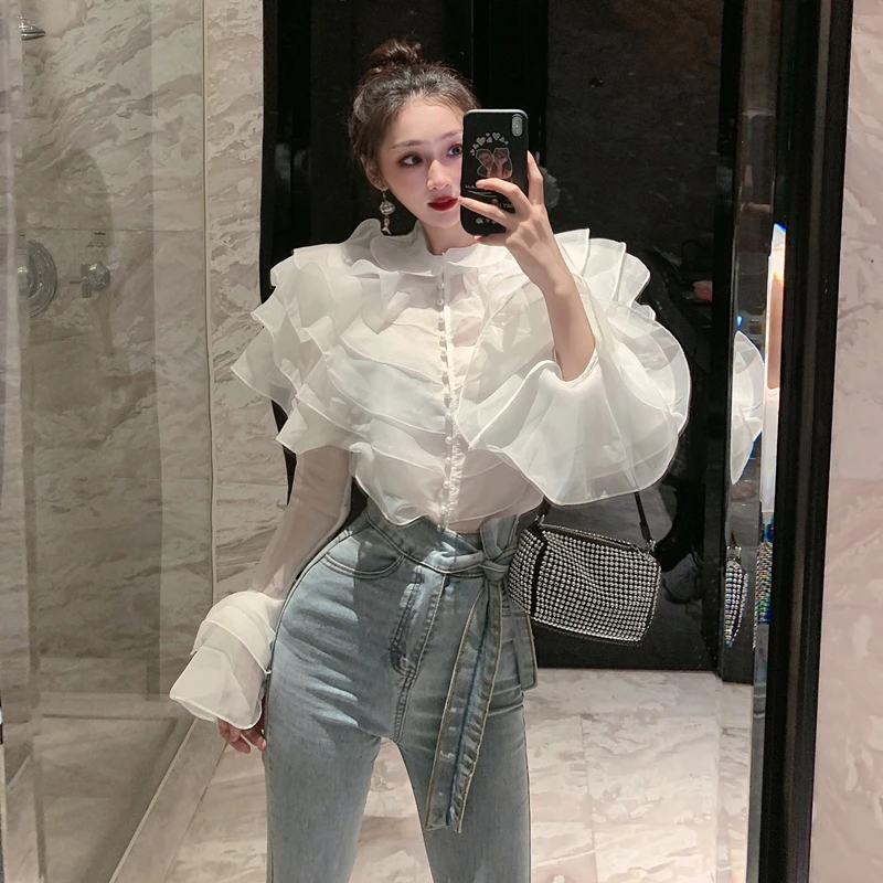 New France Autumn Women\'s Layer Ruffles Solid Top Fashion Female Flare Sleeve Patchwork Elegant Perspective Chic Blouses Shirts