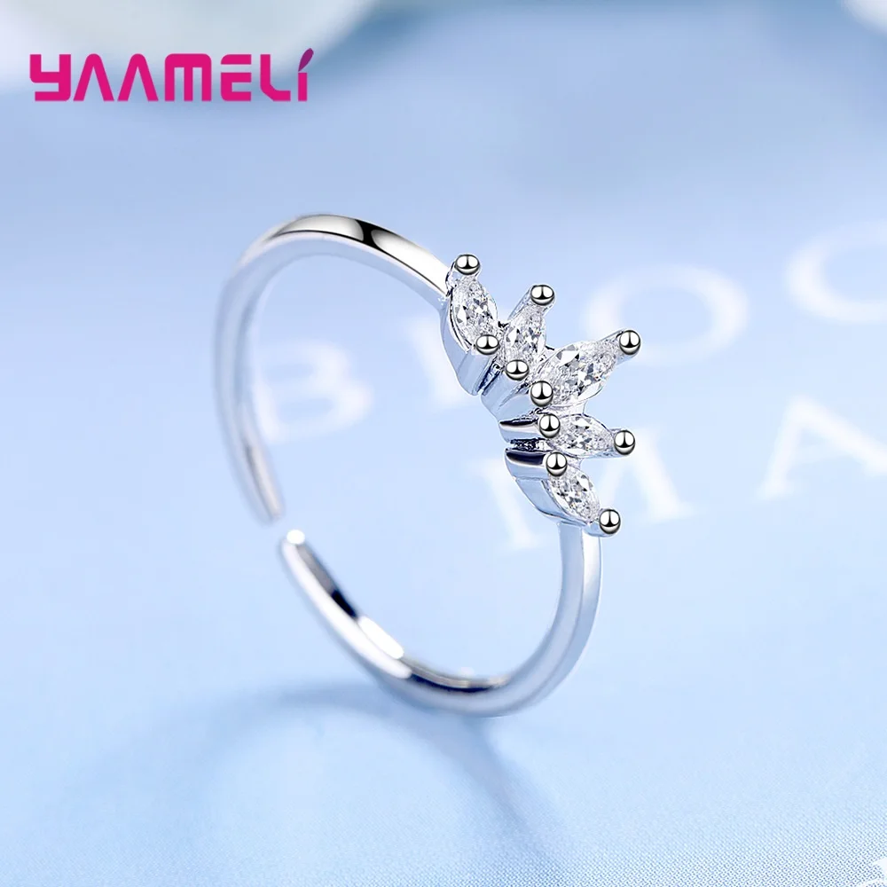 925 Sterling Silver Cute Adjustable Crystal Rings For Women Girls Wedding Engagement Fashion Jewelry Valentines Day Gift