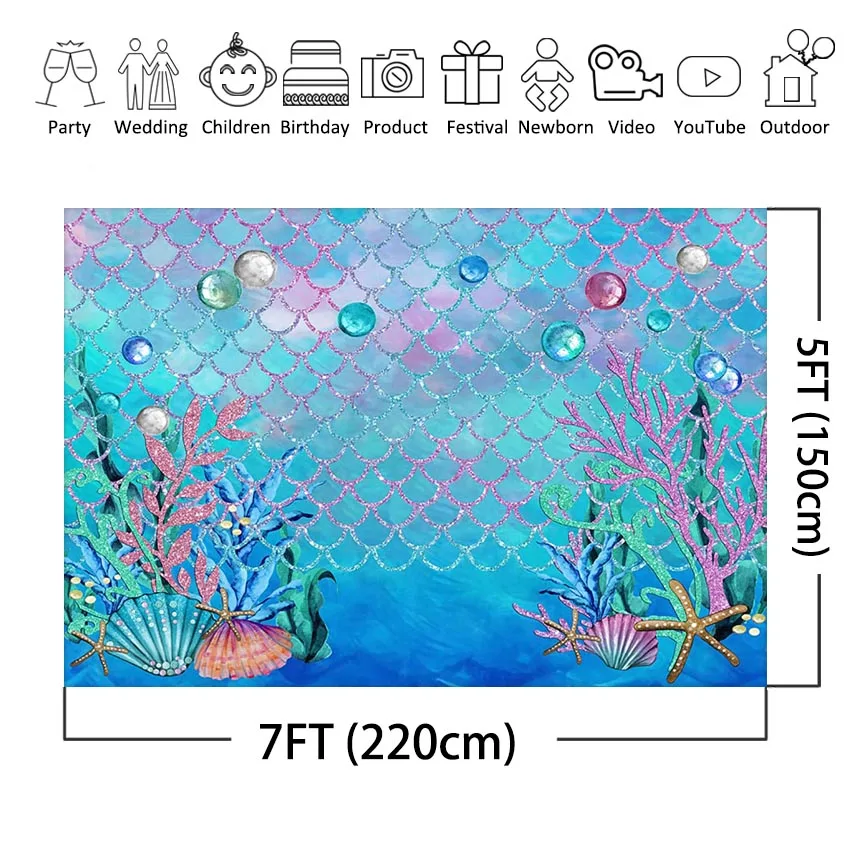 Mocsicka Little Mermaid Scales Backdrop Under The Sea Birthday Party Ocean Baby Shower Decorations Background Photobooth Studio