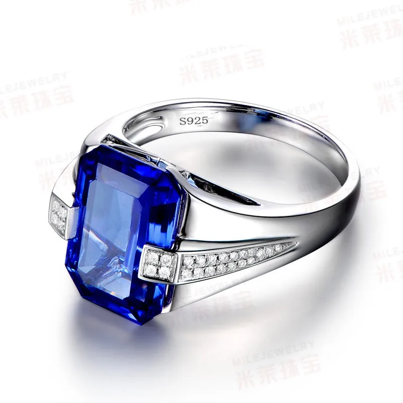 Handmade Square 8ct Lab Sapphire Ring Real 925 sterling silver Jewelry Engagement Wedding band Rings for men Party accessory
