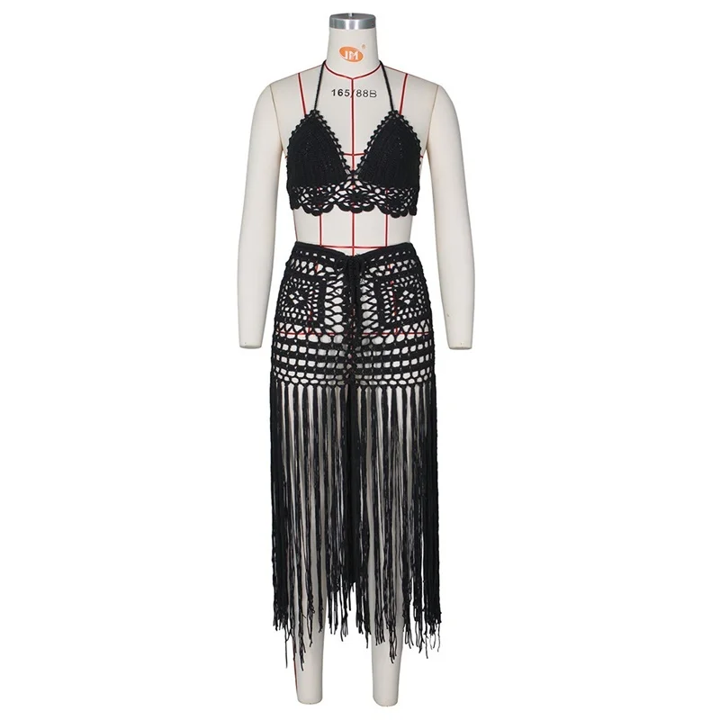 Sexy Knitted Women Set Two Pieces Set V-Neck Crop Top And Long Tassel Skirt 2 Pieces Set Hollow Out Beach Crocheted Suit