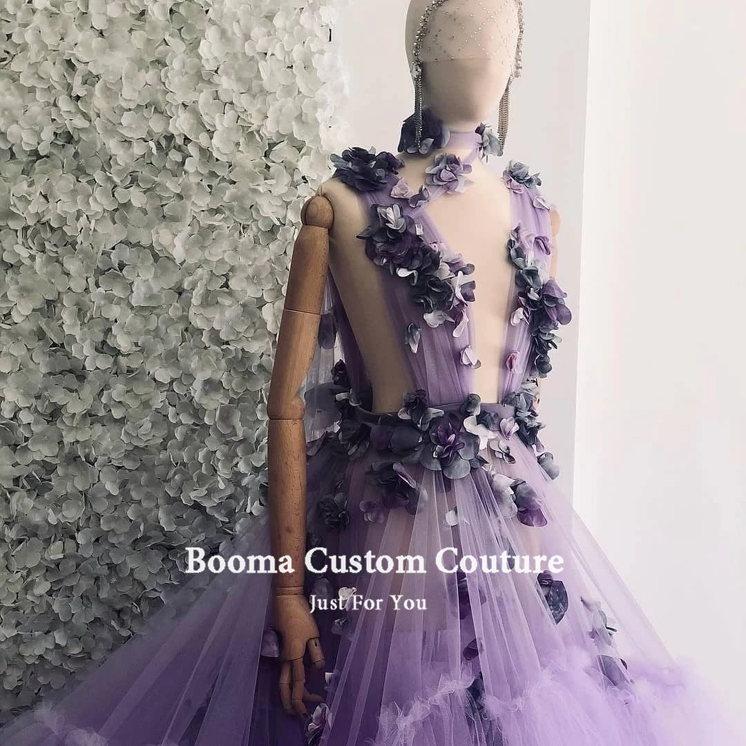 Booma Sexy Purple Tulle Avondjurken Diepe V-hals Bloemen See-Through Prom Dresses Lange Trein A-lijn Wedding Partij Jassen