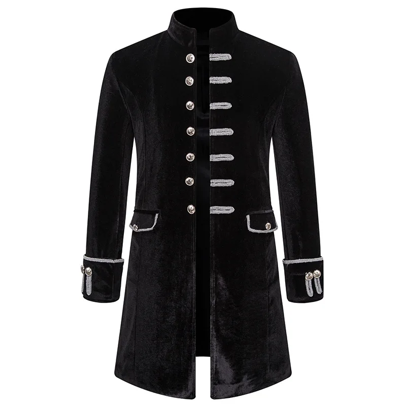 Men Black Velvet Trench Coat Medieval Gothic Steampunk Jacket Men Vintage Pirate Renaissance Formal Victorian Cosplay Costume