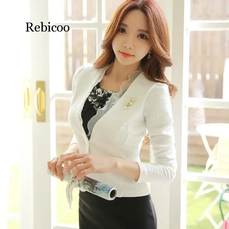 Spring Autumn Women Blazer White Mesh Bordered Ruffled Slim Single Button Short Blazer Long Sleeve Jacket Coat Outwear