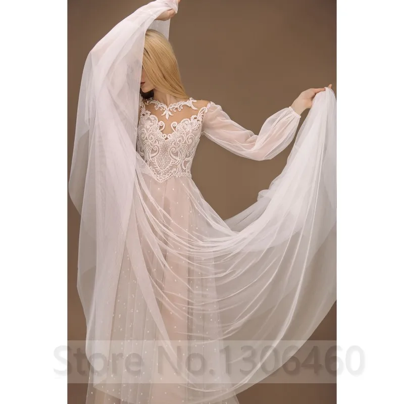 Thinyfull Robe de mariée A Line Dot Tulle Wedding Dress Long Puffy Sleeve Sheer O Neck Appliques Lace Floor Length Bride Gown