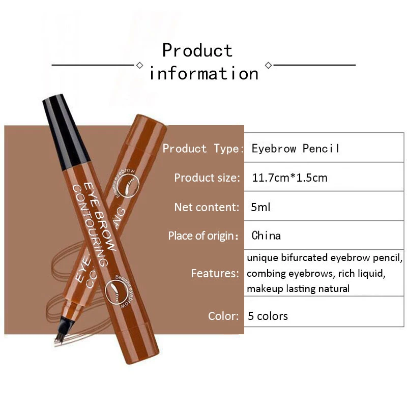 Lápis de sobrancelha líquido impermeável Microblade Brow Maquiagem Pen, Long Lasting Cosmetic, 4 Ponto