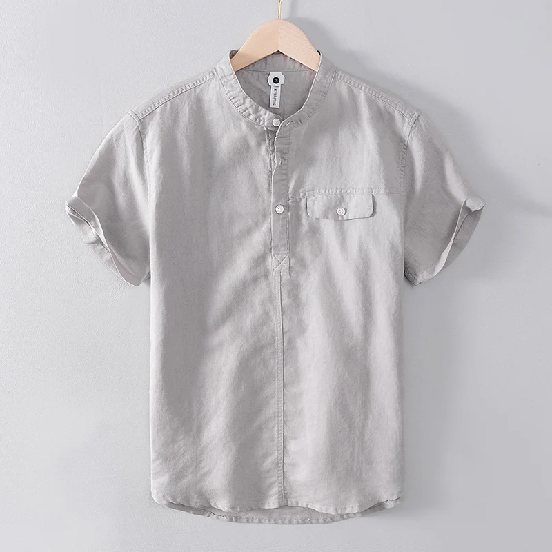 

New style Italy brand linen cotton gray shirt men casual comfortable stand collar shirts men chemise camisa tops mens clothes