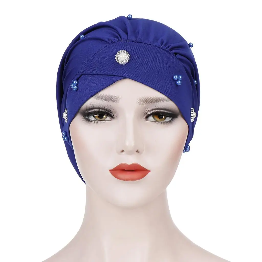 New Women Muslim Beads Cancer Cap Hat Bonnet Turban Headscarf Wrap Cap Hair Loss Elastic Skullies Beanies Arab Cover Fashion