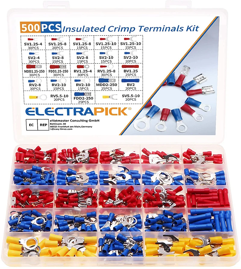 

ELECTRPICK 500pcs Crimp Spade Terminal Assorted Electrical Wire Cable Connector Insulated Ring Fork Butt Ring Lugs Rolled Set