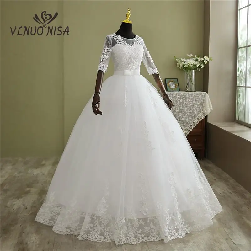 2023 New O-Neck Pluse Size White Wedding Dresses With Sleeve Simple Sequined Cheap Ivory Wedding Gown De Novia for Bride