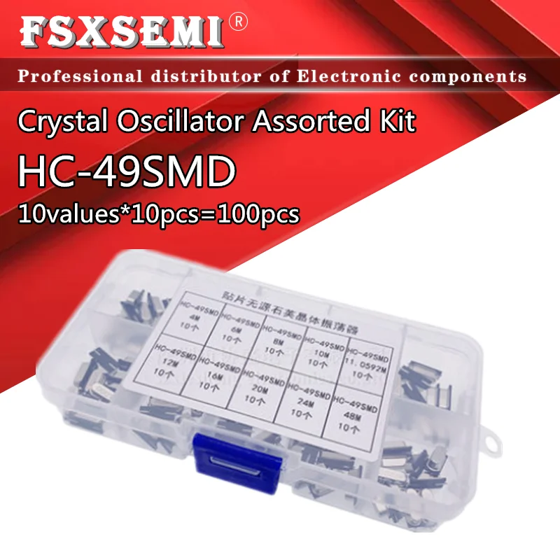 10values*10pcs=100pcs HC-49SMD Crystal Oscillator Assorted Kit 4M 6M 8M 10M 11.0592M 12M 16M 20M 24M 48MHZ