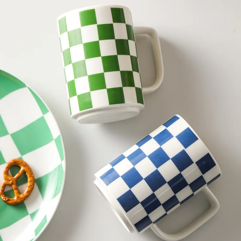 Checkerboard Ceramic Mugs Retro Office Coffee Cup Milk Cups Dinkware Drinking Mug Dropshipping