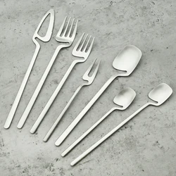 Silver Stainless Steel Dinnerware High Quality Cutlery Set Matte Flatware Knife Dessert Fork Fruit Fork Long Spoon Tableware Set